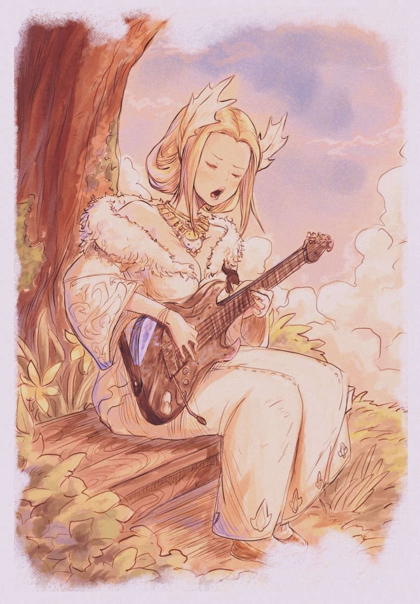 1girl blonde_hair dress closed_eyes final_fantasy final_fantasy_xiv fur-trimmed_dress fur_trim guitar gusty10rk highres instrument jewelry kan-e-senna music necklace open_mouth outdoors padjal playing_instrument sitting