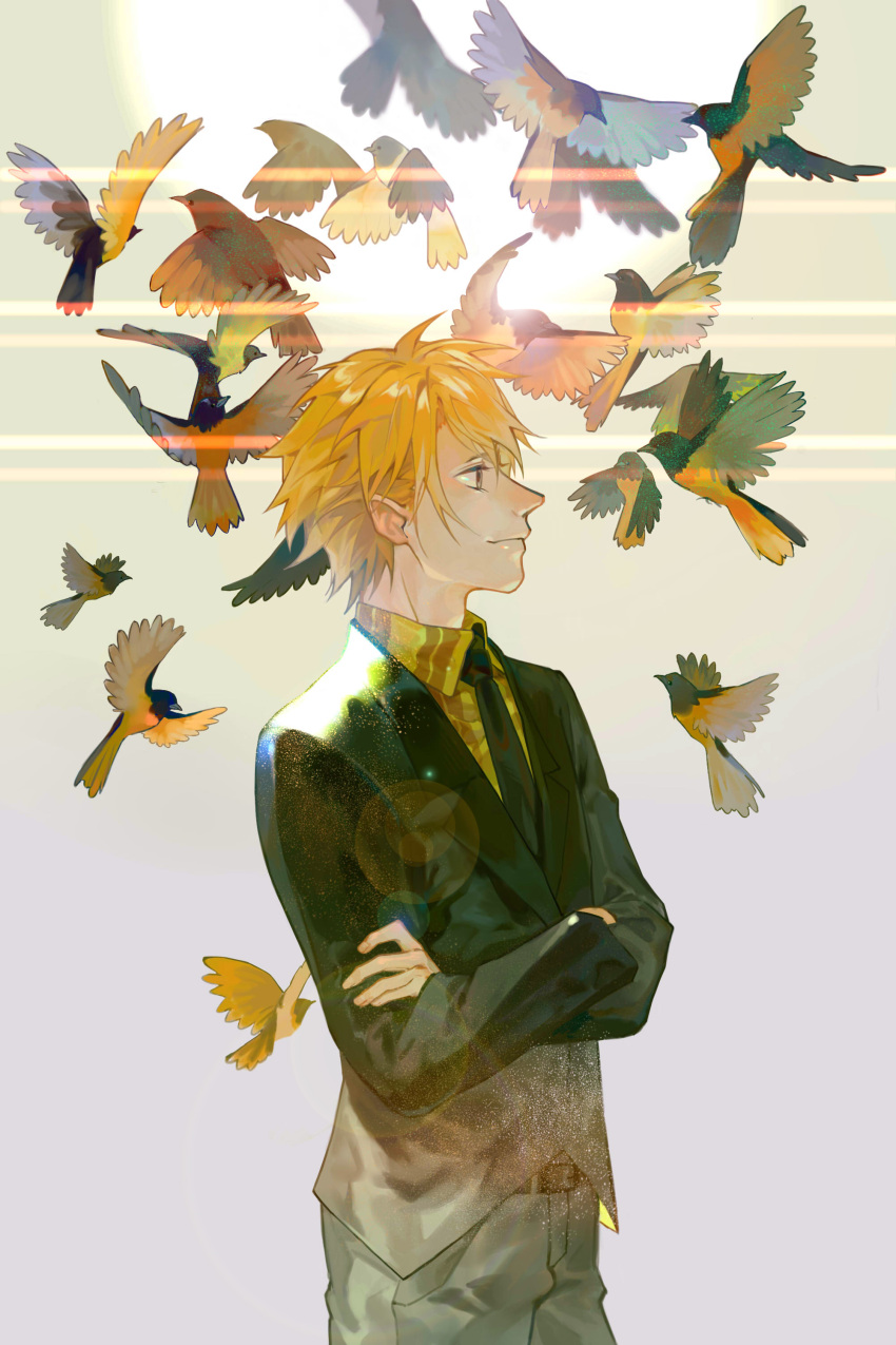 1boy absurdres bird black_jacket black_necktie blonde_hair character_request cowboy_shot crossed_arms highres jacket lucky_dog_1 male_focus necktie plaid_clothes plaid_shirt profile shirt short_hair smile solo xiaoquandianer yellow_shirt
