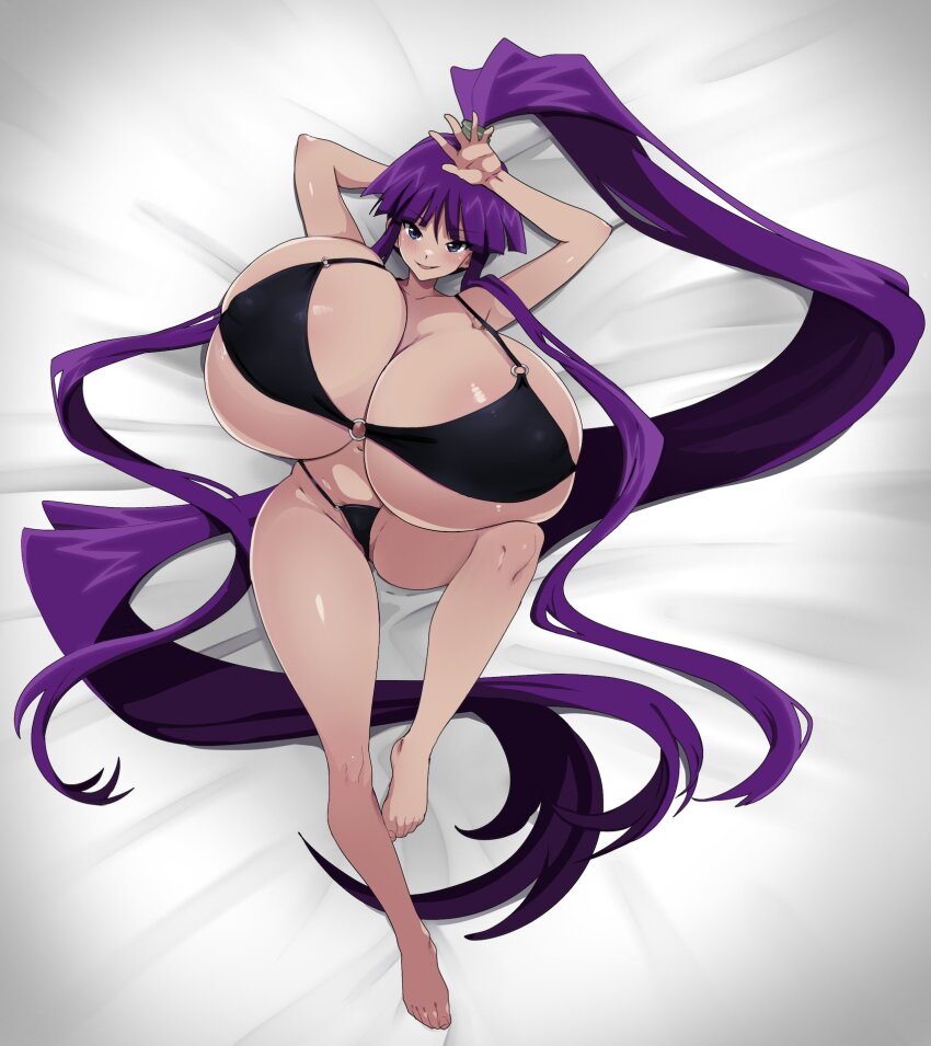 bikini black_bikini breasts eiken gigantic_breasts highres long_hair lying misono_kirika nashirasauce o-ring o-ring_bikini on_back on_bed ponytail purple_eyes purple_hair swimsuit very_long_hair