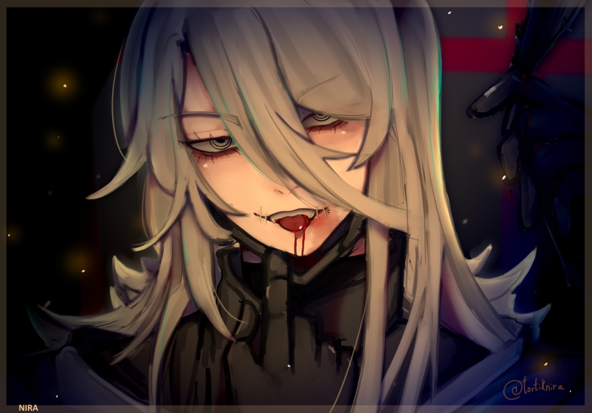 1boy aesop_carl black_gloves black_mask blood blood_from_mouth blood_on_face fangs gloves grey_eyes grey_hair hair_between_eyes highres holding identity_v long_hair looking_at_viewer male_focus mask mask_pull mouth_mask niratortik open_mouth portrait quill scar solo stitches teeth tongue tongue_out
