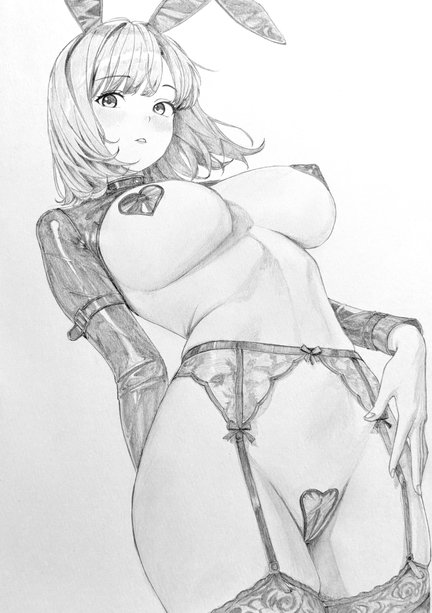 1girl absurdres animal_ears arms_at_sides bow bow_garter_belt breasts cameltoe commentary_request covered_erect_nipples cowboy_shot fake_animal_ears fingernails garter_belt garter_straps graphite_(medium) greyscale hand_on_own_hip heart_maebari heart_pasties highres huge_breasts lensia light_blush linea_alba long_sleeves looking_at_viewer maebari medium_hair monochrome original parted_bangs parted_lips pasties playboy_bunny rabbit_ears revealing_clothes reverse_bunnysuit reverse_outfit shrug_(clothing) solo standing thighhighs traditional_media