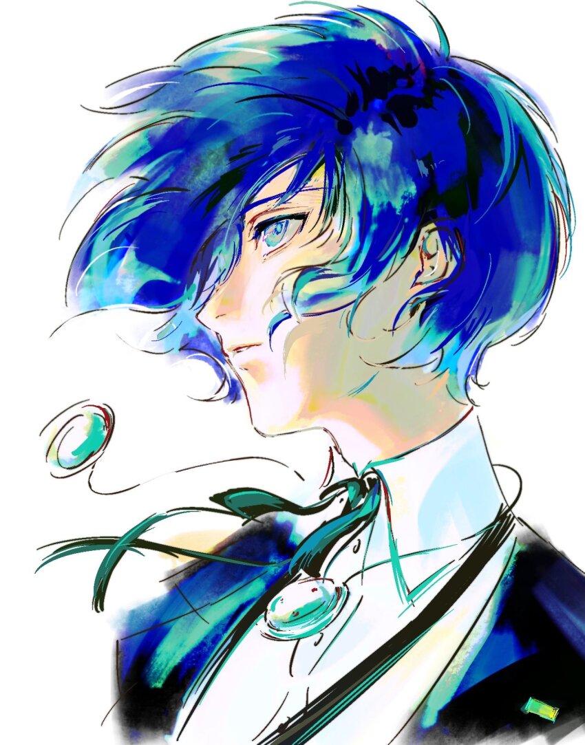 1boy blue_eyes blue_hair closed_mouth collared_shirt floating_hair from_side gekkoukan_high_school_uniform gggggbyjokie hair_behind_ear headphones headphones_around_neck highres jacket looking_ahead male_focus open_clothes open_jacket parted_lips persona persona_3 profile school_uniform shirt short_hair simple_background solo suit_jacket upper_body white_background white_shirt wing_collar yuuki_makoto_(persona_3)