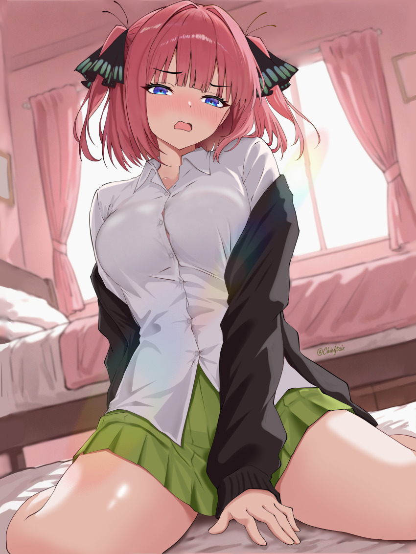 1girl absurdres arm_between_legs bed black_cardigan blue_eyes blush breasts butterfly_hair_ornament cardigan chieftain_art13 collared_shirt commentary english_commentary go-toubun_no_hanayome green_skirt hair_intakes hair_ornament highres indoors large_breasts long_sleeves looking_at_viewer medium_hair miniskirt mixed-language_commentary nakano_nino nose_blush on_floor open_mouth pleated_skirt school_uniform shirt sitting skirt solo spread_legs summer_uniform thighs twitter_username two_side_up wariza white_shirt window