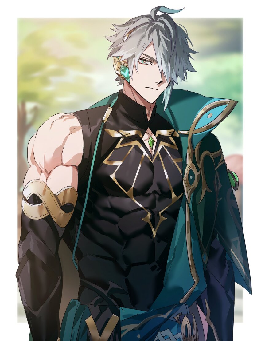 1boy alhaitham_(genshin_impact) antenna_hair biceps black_gloves black_shirt blurry blurry_background border cable cape chest_jewel closed_mouth commentary_request compression_shirt covered_abs domo_(domo_kizusuki) elbow_gloves gem genshin_impact gloves gold_trim green_cape green_eyes green_gemstone green_hair green_sash grey_hair hair_over_one_eye headphones highres looking_at_viewer male_focus multicolored_hair muscular muscular_male one_eye_covered outside_border parted_bangs pectorals sash serious shirt short_hair sleeveless sleeveless_shirt solo tree v-shaped_eyebrows vision_(genshin_impact) white_border