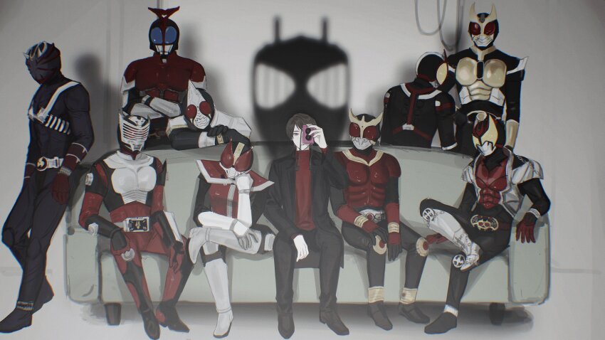 6+boys absurdres armor camera couch highres holding holding_camera kadoya_tsukasa kamen_rider kamen_rider_555 kamen_rider_agito kamen_rider_agito_(series) kamen_rider_blade kamen_rider_blade_(series) kamen_rider_dcd kamen_rider_decade kamen_rider_den-o kamen_rider_den-o_(series) kamen_rider_faiz kamen_rider_hibiki kamen_rider_hibiki_(series) kamen_rider_kabuto kamen_rider_kabuto_(series) kamen_rider_kiva kamen_rider_kiva_(series) kamen_rider_kuuga kamen_rider_kuuga_(series) kamen_rider_ryuki kamen_rider_ryuki_(series) male_focus multiple_boys sch1z0_dipshit silhouette sitting