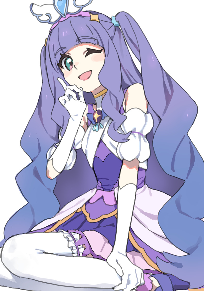 1girl absurdres aqua_eyes commentary cure_majesty detached_sleeves dress ellee-chan flat_chest gloves hair_ornament hair_scrunchie highres hiji_rida hirogaru_sky!_precure index_finger_raised long_hair looking_at_viewer one_eye_closed precure purple_dress purple_hair scrunchie simple_background sitting smile solo thighhighs two_side_up wavy_hair white_background white_gloves white_thighhighs wing_hair_ornament
