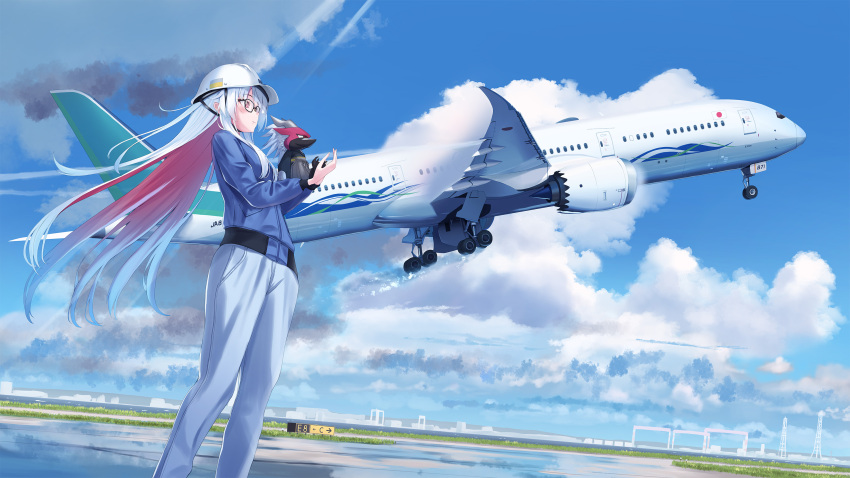 1girl aircraft airplane airport all_nippon_airways belt black-framed_eyewear black_belt blue_shirt blue_sky cloud colored_inner_hair commentary commission creature day glasses grass hard_hat helmet highres jet_airliner long_sleeves multicolored_hair original outdoors pants pink_hair png_pant_(bus) runway shirt skeb_commission sky standing takeoff white_hair white_helmet white_pants