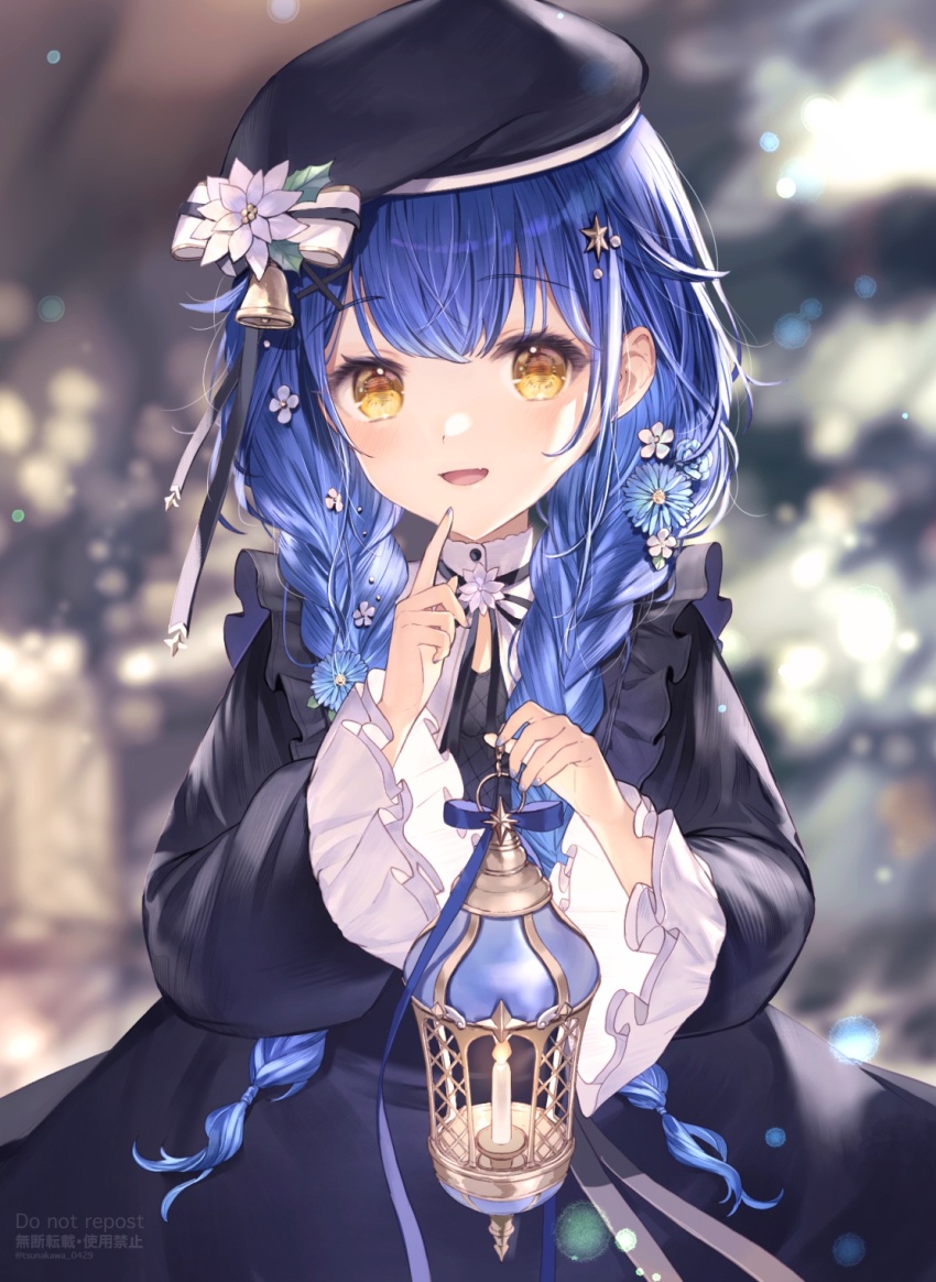 1girl amamiya_kokoro bell beret black_dress black_hat black_ribbon blue_hair blurry blurry_background braid candle capelet cowboy_shot dress flower frilled_sleeves frills hair_flaps hair_flower hair_ornament hat highres holding_lamp lamp lens_flare long_hair looking_at_viewer neck_ribbon nijisanji open_mouth ribbon smile solo star_(symbol) star_hair_ornament straight-on tsunakawa twin_braids virtual_youtuber white_capelet white_flower yellow_eyes