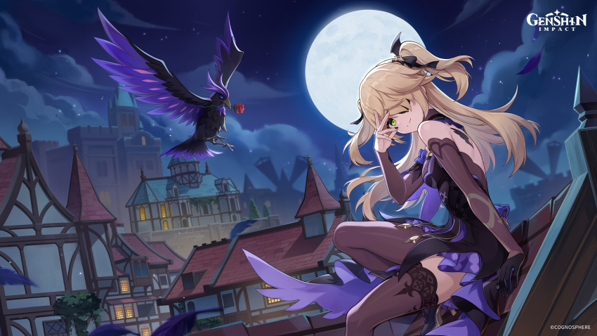 1girl asymmetrical_legwear bare_shoulders bird black_gloves blonde_hair brown_pantyhose brown_thighhighs closed_mouth cloud crow eyepatch fischl_(genshin_impact) floating_hair full_moon genshin_impact gloves green_eyes hand_up highres long_hair looking_at_viewer moon night night_sky official_art outdoors oz_(genshin_impact) pantyhose single_glove sitting sky smile thighhighs two_side_up uneven_legwear