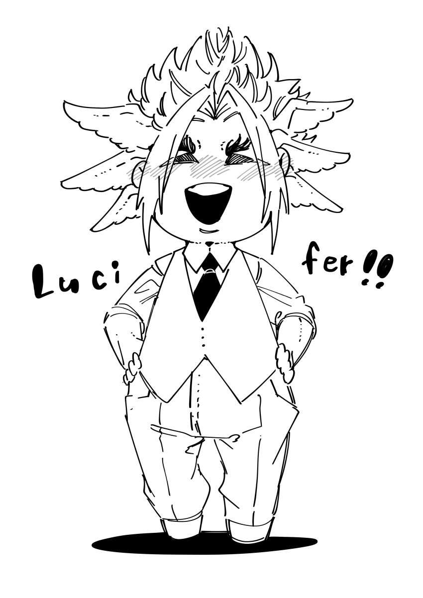 1boy absurdres angel angel_boy angel_wings character_name chibi chibi_only closed_eyes collarbone facing_viewer full_body hands_on_own_hips head_wings highres jewelry long_sleeves lucifer_(shuumatsu_no_valkyrie) male_focus multiple_wings nanako_nuchitsu necktie open_mouth pants shirt shoes short_hair shuumatsu_no_valkyrie smile solo spiked_hair standing teeth updo upper_teeth_only vest wings