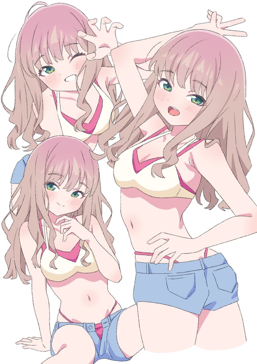1girl bikini blush breasts brown_hair closed_mouth denim denim_shorts green_eyes gridman_universe highres long_hair looking_at_viewer minami_yume one_eye_closed open_mouth sho_(shoshos_8888) shorts simple_background smile ssss.dynazenon string_bikini swimsuit white_background