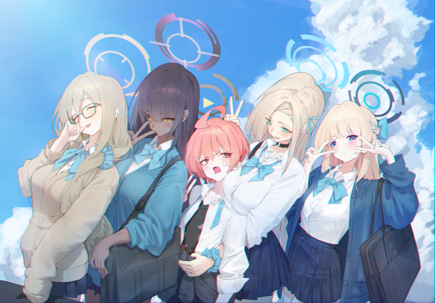 5girls absurdres ahoge akane_(blue_archive) akane_(school_uniform)_(blue_archive) asuna_(blue_archive) asuna_(school_uniform)_(blue_archive) asymmetrical_bangs bandaid bandaid_on_cheek bandaid_on_face black-framed_eyewear black_choker black_hair black_halo black_undershirt blonde_hair blue_archive blue_bow blue_bowtie blue_cardigan blue_eyes blue_halo blue_scrunchie blue_skirt blue_sky blue_streaks bow bowtie braid breasts brown_cardigan brown_hair brown_halo cardigan cardigan_around_waist choker cleaning_&amp;_clearing_(blue_archive) clothes_around_waist cloud dark-skinned_female dark_skin day double_v glasses hair_between_eyes hair_bow hair_over_one_eye half_up_braid halo highres huge_ahoge jacket jacket_around_waist karin_(blue_archive) karin_(school_uniform)_(blue_archive) large_breasts long_hair long_sleeves looking_at_another looking_at_viewer loose_bowtie miniskirt mole mole_under_each_eye mole_under_eye multiple_girls multiple_moles neck_ribbon neru_(blue_archive) neru_(school_uniform)_(blue_archive) official_alternate_costume open_cardigan open_clothes orange_hair phoebe_(user_vvpf4584) pleated_skirt purple_halo red_eyes ribbon school_uniform scrunchie shirt single_braid skirt sky smile toki_(blue_archive) toki_(school_uniform)_(blue_archive) undone_neck_ribbon v very_long_hair white_shirt wrist_scrunchie yellow_eyes