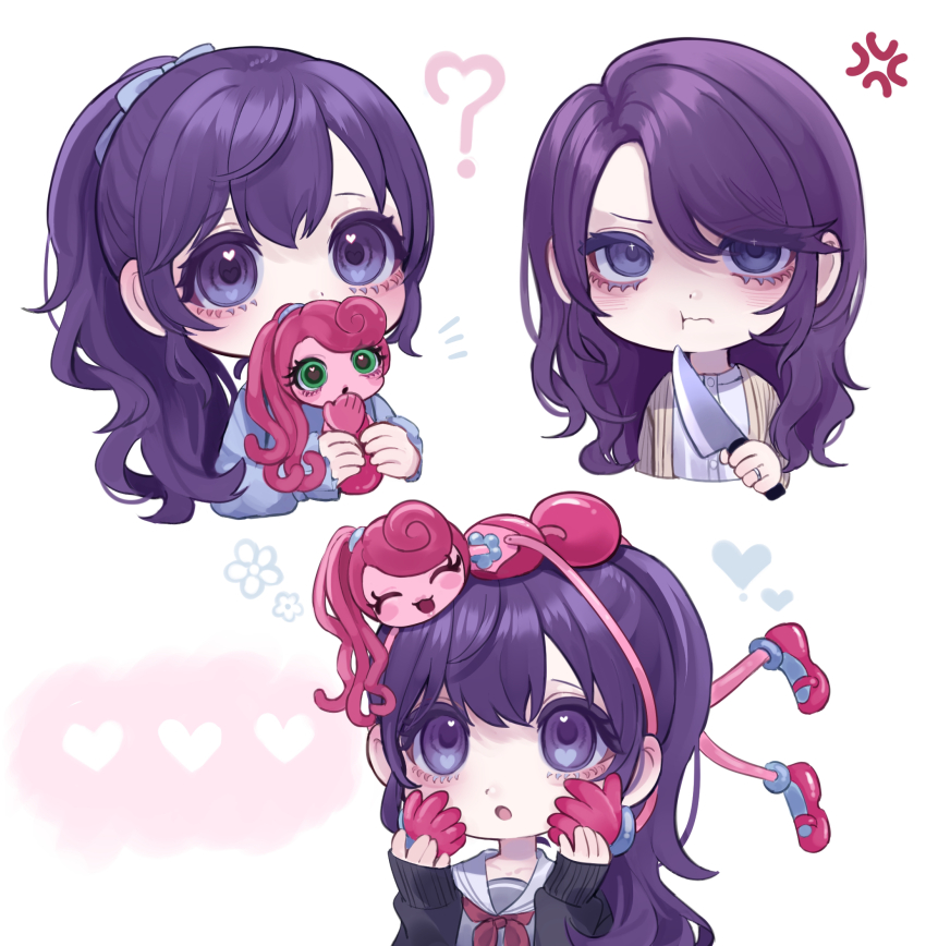 3girls ? ^_^ aegyo_sal anger_vein ankle_socks asahina_mafuyu asahina_mafuyu&#039;s_mother black_jacket blue_bow blue_shirt bow brown_cardigan cardigan chibi chibi_only closed_eyes colored_skin commentary_request covered_mouth cropped_torso crossover gloves green_eyes grey_shirt grey_socks hair_bow heart heart_in_eye highres holding holding_knife jacket jewelry jishou_210 knife long_hair long_sleeves looking_at_another looking_up mary_janes mommy_longlegs mother_and_daughter multiple_girls multiple_views neckerchief necklace notice_lines open_cardigan open_clothes open_jacket pink_gloves pink_hair pink_skin ponytail poppy_playtime project_sekai purple_eyes purple_hair red_neckerchief ring sailor_collar school_uniform shirt shoes short_hair simple_background sleeves_past_wrists socks symbol_in_eye upper_body v-shaped_eyebrows white_background white_sailor_collar white_shirt