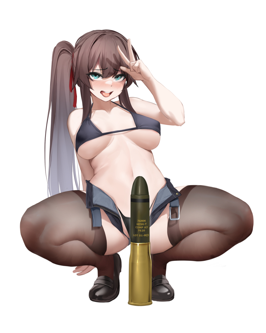 1girl absurdres alternate_costume ammunition bikini black_bikini black_footwear black_thighhighs blue_eyes blush breasts brown_hair cannon_cartridge female_commander_(girls&#039;_frontline) full_body girls&#039;_frontline high-explosive_cartridge high-explosive_squash_head high-explosive_squash_head_tracer highres large_breasts long_hair looking_at_viewer micro_shorts midriff navel nine_(kanine41) open_clothes open_mouth open_shorts ponytail shell_(projectile) shorts simple_background solo squatting swimsuit termichan_(not-a-bot) thighhighs thighs tongue tongue_out tracer_ammunition underboob