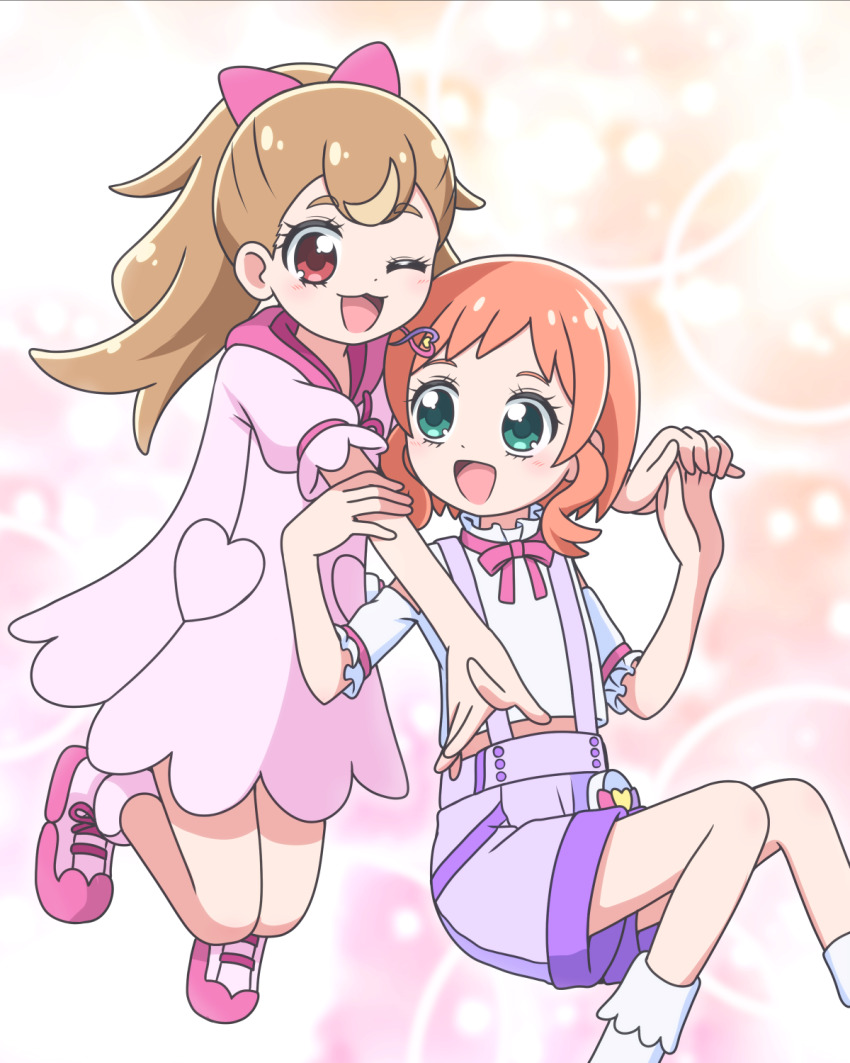 2girls ;3 ;d arm_over_shoulder bare_shoulders blush bow brown_hair bubble_background clothing_cutout commentary cropped_shirt dot_nose dress eye_contact feet_out_of_frame gradient_background green_eyes hair_bow hair_ornament hairclip hand_on_another&#039;s_arm hands_up heart heart_hair_ornament high_collar highres holding_hands hood hood_down hooded_dress index_finger_raised inukai_iroha inukai_komugi kato-shun legs_up long_hair looking_at_another medium_dress medium_hair midriff multiple_girls neck_ribbon one_eye_closed open_mouth orange_background orange_hair overalls pact_holder pink_background pink_bow pink_dress pink_shoes ponytail pouch precure purple_overalls purple_shorts red_eyes ribbon shirt shirt_bow shoes short_sleeves shorts shoulder_cutout smile socks split_ponytail two-tone_background white_shirt white_socks wonderful_pact wonderful_precure!