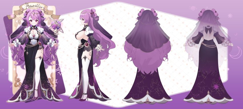 1girl absurdres andromeda_(constellation) aquarius_(constellation) aries_(constellation) backless_dress backless_outfit big_dipper black_dress bow breasts cancer_(constellation) capricorn_(constellation) cassiopeia_(constellation) character_name reference_sheet cleavage cleavage_cutout closed_mouth clothing_cutout constellation constellation_print corvus_(constellation) crystal_ball cygnus_(constellation) dress gemini_(constellation) hair_bow hair_ornament heterochromia high_heels highres indie_virtual_youtuber lacerta_(constellation) large_breasts leo_(constellation) libra_(constellation) long_dress long_hair long_sleeves multicolored_bow multiple_views namyo pegasus pink_eyes prunella_fruity purple_eyes purple_footwear purple_hair sagittarius_(constellation) scorpius_(constellation) second-party_source side_slit sideboob taurus_(constellation) thighhighs ursa_major_(constellation) veil very_long_hair virgo_(constellation) virtual_youtuber white_thighhighs