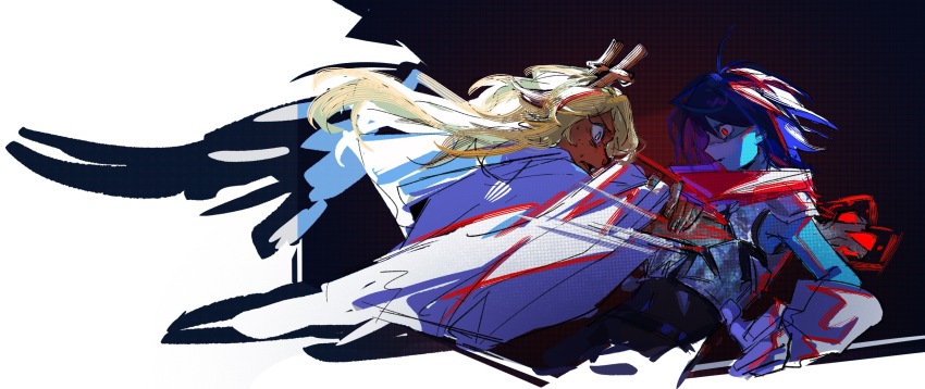 1girl 1other antlers armor blonde_hair blue_hair blue_skin chinese_commentary colored_skin commentary_request deer_antlers deer_girl deltarune hand_on_own_arm heart highres holding holding_heart hole_in_chest hole_on_body horns kris_(deltarune) medium_hair moyi7239 noelle_holiday red_eyes robe white_robe