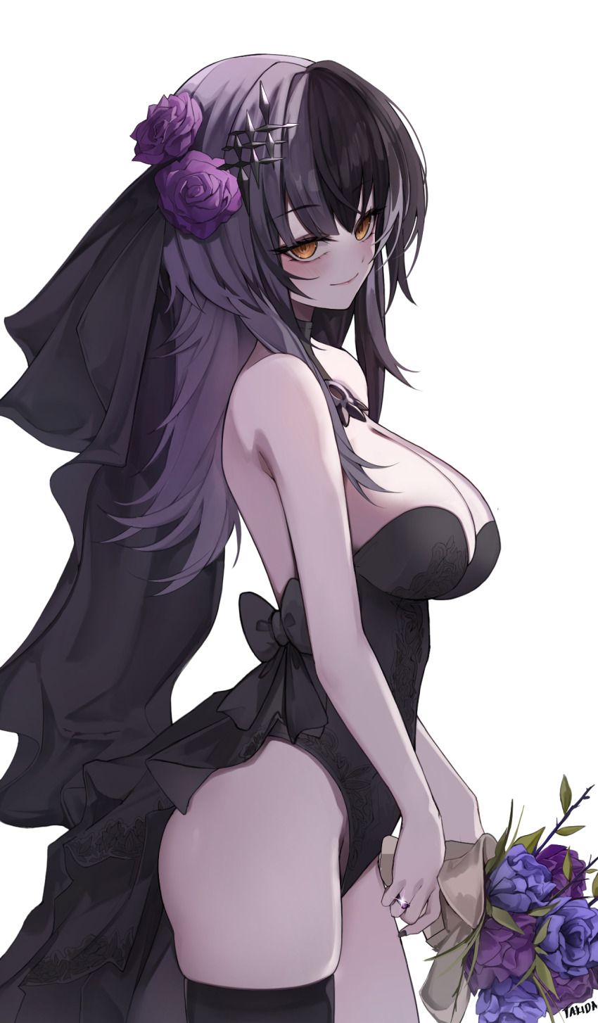 1girl alternate_costume bare_shoulders black_choker black_dress black_hair black_nails black_thighhighs blush bouquet breasts bridal_veil bride choker cleavage commentary dress english_commentary flower grey_hair hair_ornament highres holding holding_bouquet hololive hololive_english lace lace_choker large_breasts long_hair looking_at_viewer multicolored_hair rose shiori_novella simple_background single_thighhigh smile solo split-color_hair strapless takida_185 thighhighs two-tone_hair veil virtual_youtuber wedding wedding_dress yellow_eyes