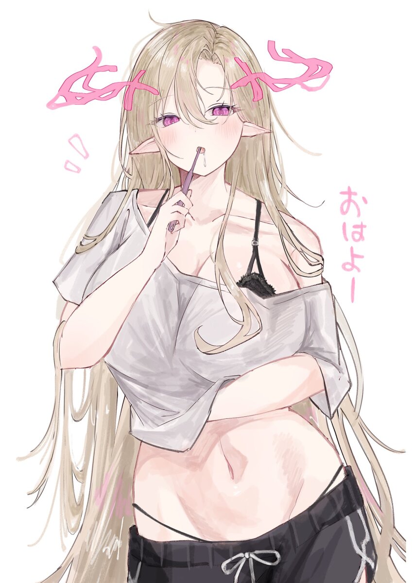 1girl black_bra blonde_hair bra bra_strap breasts brushing_teeth collarbone dolphin_shorts drooling highres holding holding_toothbrush huge_breasts light_blush long_hair looking_at_viewer lucifer_(monster_strike) midriff monster_strike navel nuu_monst open_mouth pink_eyes pointy_ears shirt shorts simple_background single_bare_shoulder solo toothbrush underwear very_long_hair white_background white_shirt