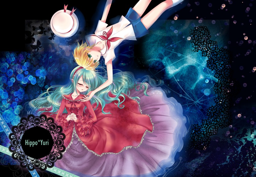 00s 1boy 1girl blonde_hair character_name closed_eyes gradient_background green_eyes green_hair hat unworn_hat unworn_headwear highres hippo_(mermaid_melody_pichi_pichi_pitch) long_hair mermaid_melody_pichi_pichi_pitch short_hair yuuri_(mermaid_melody_pichi_pichi_pitch) zi_jing