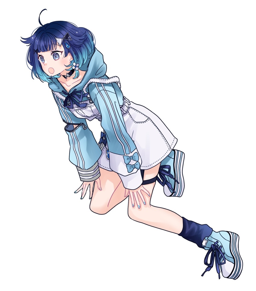 1girl :o ahoge black_choker blue_bow blue_eyes blue_hair blue_hoodie blue_nails blue_shoes blue_socks bow choker collarbone full_body gradient_hair hair_ornament hairclip highres hood hood_down hoodie long_sleeves maru_(memoriatechnica) multicolored_hair nail_polish open_mouth overall_skirt puffy_long_sleeves puffy_sleeves shoes simple_background sleeves_past_wrists socks solo strap_slip tsumugi_kokage virtual_youtuber vspo! white_background