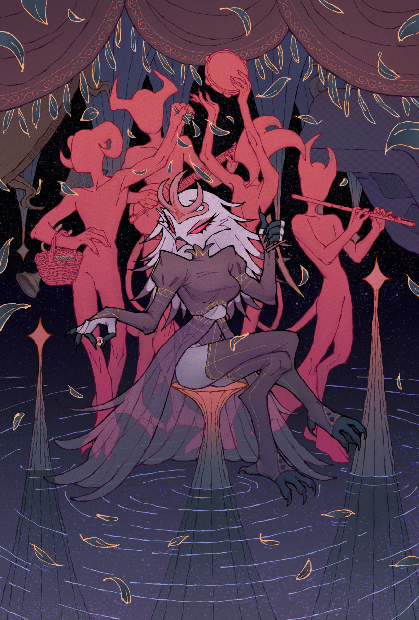 1girl 4boys absurdres banjo bare_hips beak bird bird_girl bird_legs bird_tail black_nails breasts closed_mouth clothing_cutout colored_sclera colored_skin crossed_legs crown curtains demon demon_girl demon_horns demon_tail dress eyeshadow falling_petals feathers fingernails flute furry furry_female gradient_clothes gradient_dress hellaverse helluva_boss highres horns impmansloot instrument jewelry knife long_hair makeup medium_breasts multiple_boys music navel_cutout open_clothes open_skirt petals pink_eyeshadow pink_sclera playing_flute playing_instrument purple_dress red_skin ring ripples see-through_clothes see-through_dress sharp_fingernails sharp_toenails sitting skirt stage_curtains star_(symbol) star_symbol_background stella_(helluva_boss) tail tambourine thighhighs throwing throwing_petals toenails water wedding_ring white_bird white_feathers