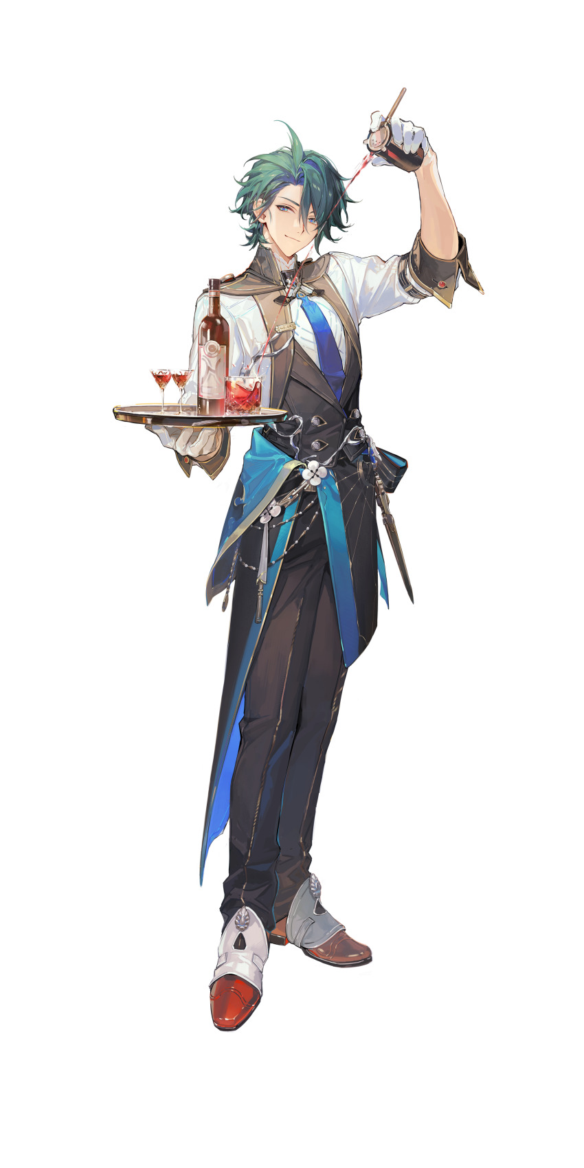 1boy absurdres ahoge alcohol argos_(silver_palace) asymmetrical_footwear blue_eyes blue_necktie bottle brown_shoes cocktail_glass cup drinking_glass gloves green_hair highres holding holding_cocktail_shaker holding_tray necktie official_art pouring red_shoes red_wine shirt shoes silver_palace solo tray white_gloves white_shirt wine wine_bottle