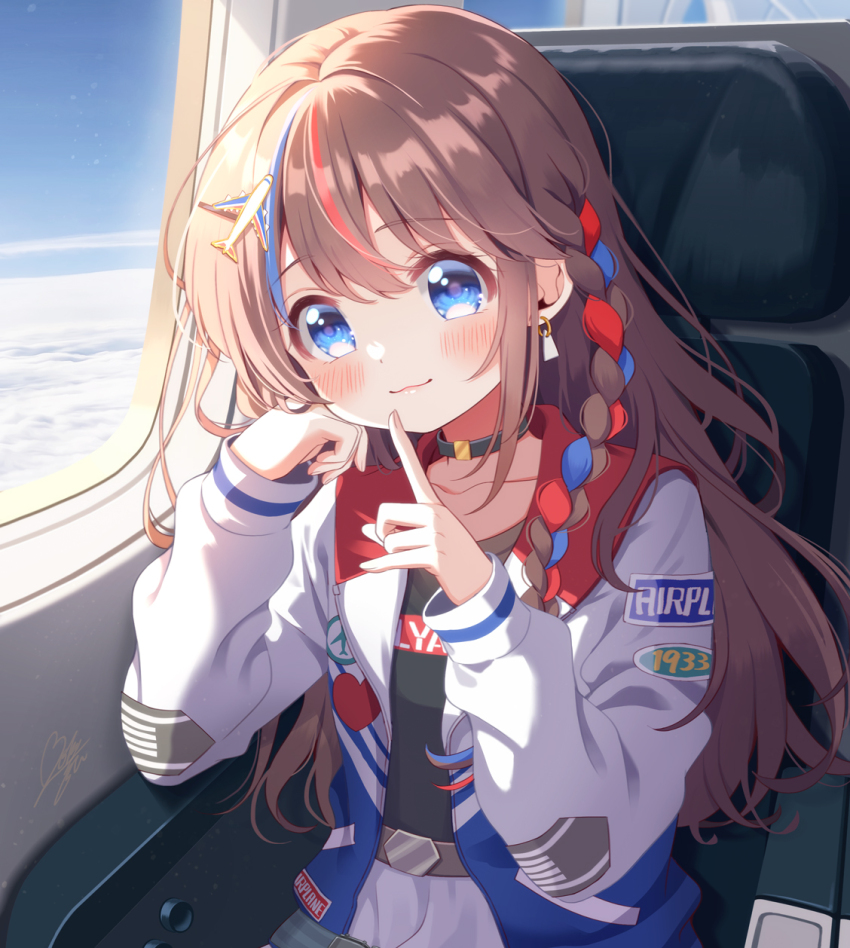 1girl :3 airplane_hair_ornament airplane_interior black_choker black_shirt blue_eyes blue_hair blush braid brown_hair choker closed_mouth clothes_writing collarbone commentary_request earrings hand_on_own_cheek hand_on_own_face head_rest highres index_finger_raised jacket jewelry kiiko_(mozukun43) light_particles long_hair long_sleeves looking_at_viewer mozukun43 multicolored_hair multicolored_jacket on_chair open_clothes open_jacket original red_hair seatbelt shirt side_braid signature single_braid sitting skirt smile solo streaked_hair white_jacket white_skirt window