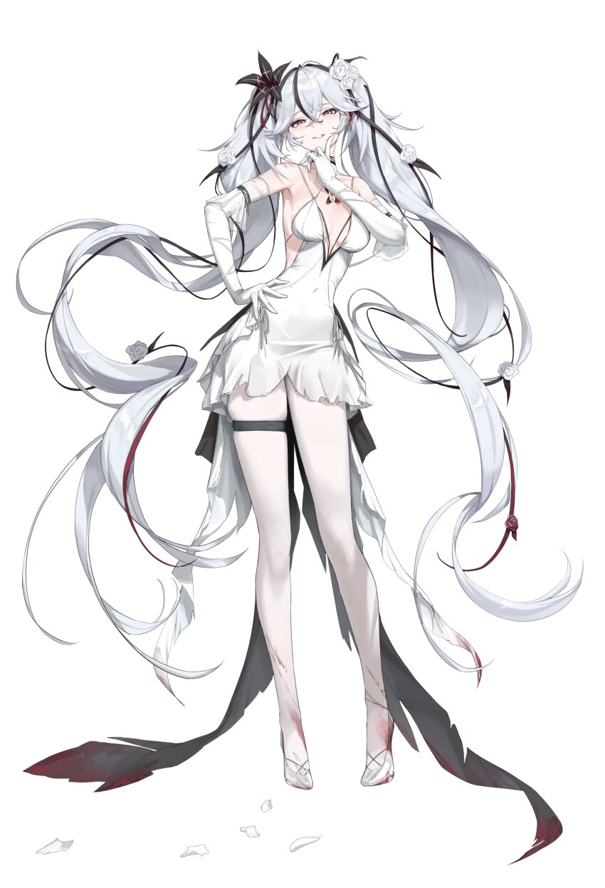 1girl absurdres alternate_costume bare_shoulders black_eyes black_flower breasts camellya_(wuthering_waves) commentary dress elbow_gloves english_commentary flower full_body gloves grey_pantyhose hair_between_eyes hair_flower hair_ornament hand_on_own_hip high_heels highres large_breasts long_hair looking_at_viewer pantyhose parted_lips red_pupils revision rose simple_background sketch smile solo twintails very_long_hair white_background white_dress white_flower white_gloves white_hair white_pantyhose white_rose wuthering_waves youngjoo_kjy