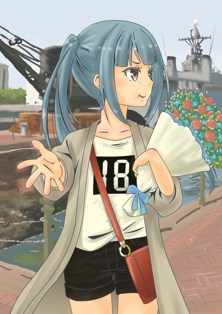 absurdres bag black_shorts blue_sky blunt_bangs bouquet brown_eyes coat crane_(machine) day flower grey_coat grey_hair highres kantai_collection kasumi_(kancolle) kasumi_(kure)_(kancolle) looking_to_the_side official_alternate_costume outdoors pot-de seven-segment_display ship shirt shorts shoulder_bag sky watercraft white_shirt