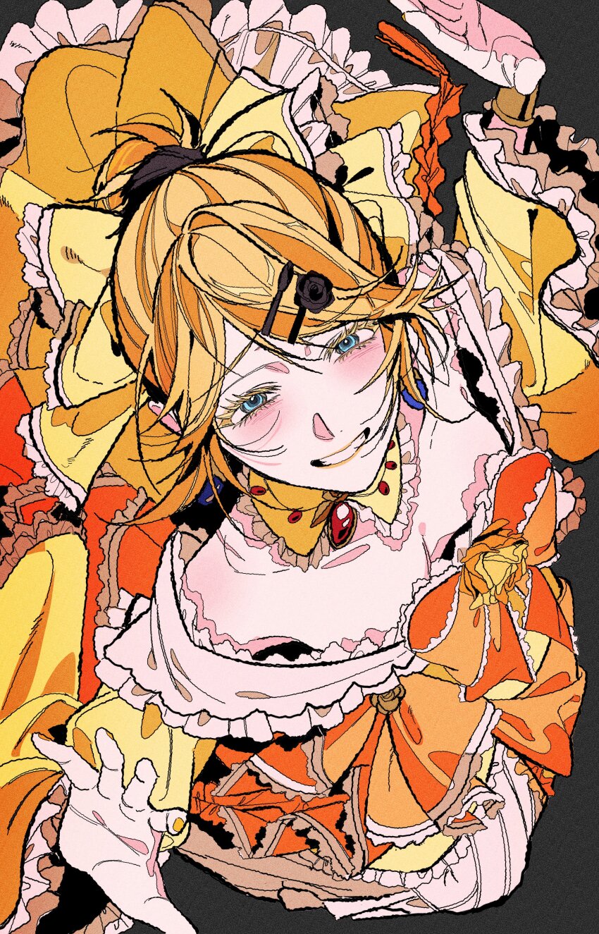 1girl absurdres aku_no_musume_(vocaloid) anime_coloring bare_shoulders black_robe blonde_hair blue_eyes bow bracelet breasts breasts_apart collarbone colored_eyelashes cuz_39 dress dress_flower earrings evillious_nendaiki flower frilled_bow frilled_dress frilled_sleeves frills from_above gem grin hair_bow hair_ornament hairclip high_ponytail highres jaggy_lines jewelry kagamine_rin lace lace-trimmed_dress lace_trim light_blush looking_at_viewer looking_up medium_breasts off-shoulder_dress off_shoulder orange_bow orange_ribbon petticoat ponytail red_gemstone ribbon riliane_lucifen_d&#039;autriche robe rose smile solo swept_bangs updo vocaloid wide_sleeves yellow_bow yellow_dress yellow_flower yellow_lips yellow_nails yellow_rose