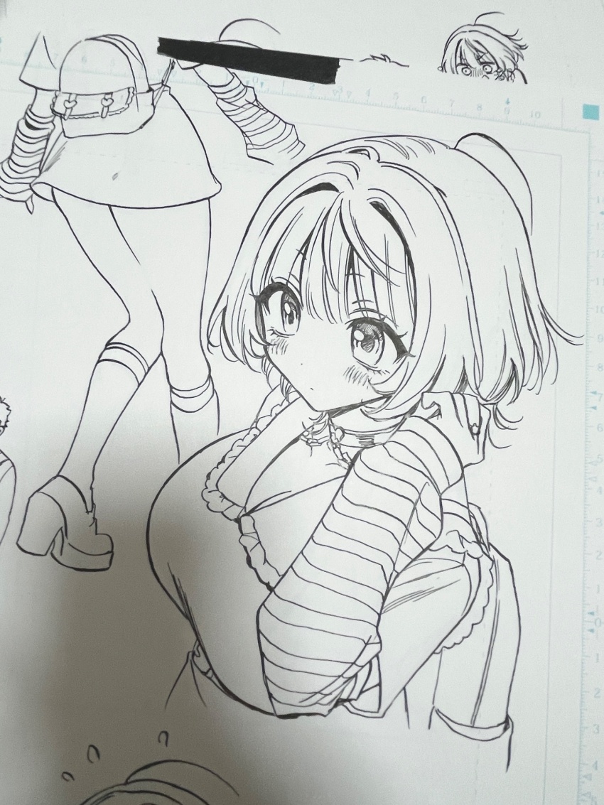 1girl akiyama_enma backpack bag breasts cleavage collared_shirt commentary_request cropped_torso frilled_shirt_collar frills greyscale hair_intakes high_heels highres large_breasts lineart manuscript_paper miniskirt monochrome multiple_views nib_pen_(medium) noa-senpai_wa_tomodachi. pen_(medium) photo_(medium) saotome_noa shirt shoes short_hair simple_background skirt sleeves_past_wrists socks striped_arm_warmers thighs traditional_media white_background