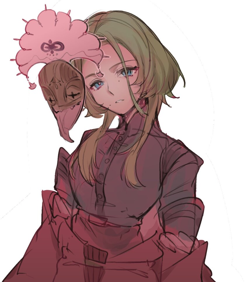 1girl black_dress blue_eyes commentary_request dress grey_hair head_tilt high-waist_dress highres isolde_(zenless_zone_zero) long_hair looking_at_viewer mask mole mole_on_cheek mole_under_eye parted_lips simple_background solo turtleneck turtleneck_dress upper_body vvo_uvv white_background zenless_zone_zero