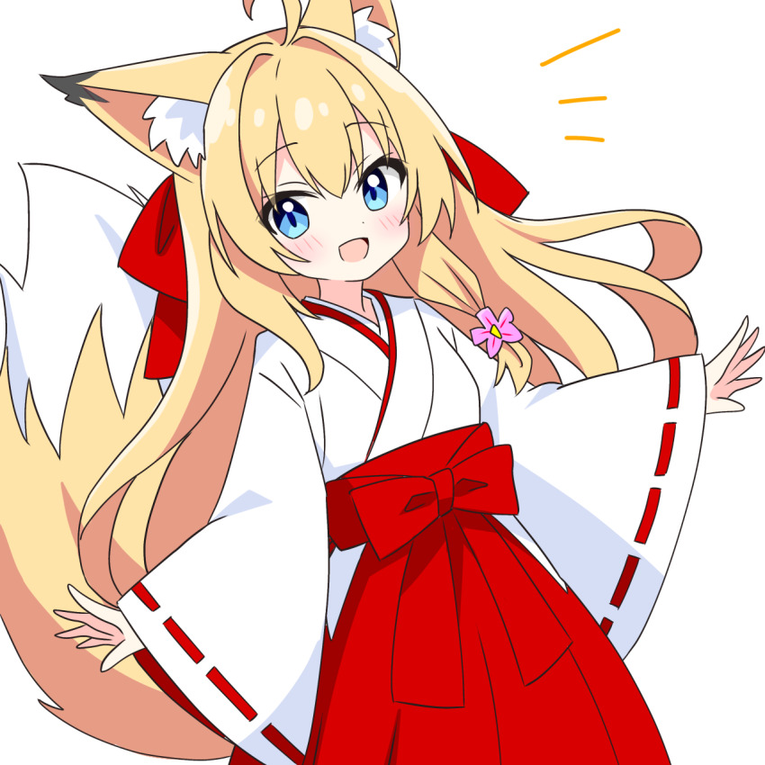 1girl :d ahoge animal_ear_fluff animal_ears blonde_hair blue_eyes blush commentary_request cowboy_shot dot_nose flower fox_ears fox_girl fox_tail hair_flower hair_ornament hair_ribbon hakama hakama_skirt highres japanese_clothes kimono kotatsu-mazoku long_hair long_sleeves looking_at_viewer miko miko_fox_girl_(kotatsu-mazoku) notice_lines open_mouth original red_hakama red_ribbon ribbon ribbon-trimmed_sleeves ribbon_trim simple_background skirt smile solo tail white_background white_kimono wide_sleeves