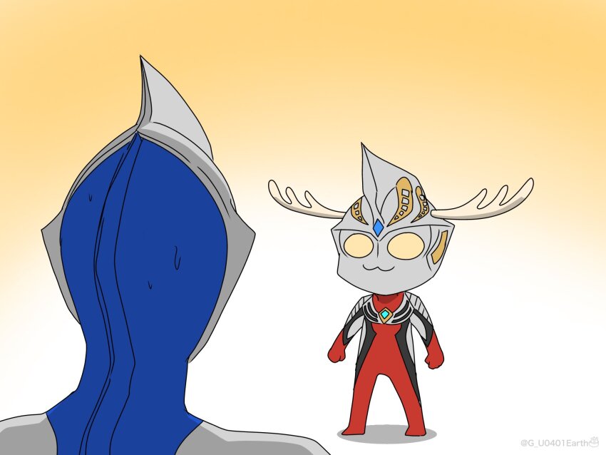 2boys :3 alien antlers black_skin blue_gemstone blue_skin brown_background chibi colored_skin commentary deer_antlers forehead_jewel from_behind full_body g_u0401earth gem gold_skin gradient_background han_megumi highres horns looking_at_another multicolored_skin multiple_boys red_skin shadow shikanoko_noko shikanoko_nokonoko_koshitantan silver_skin standing sweatdrop tokusatsu twitter_username ultra_series ultraman_cosmos ultraman_cosmos_(series) ultraman_justice voice_actor_connection white_background yellow_eyes