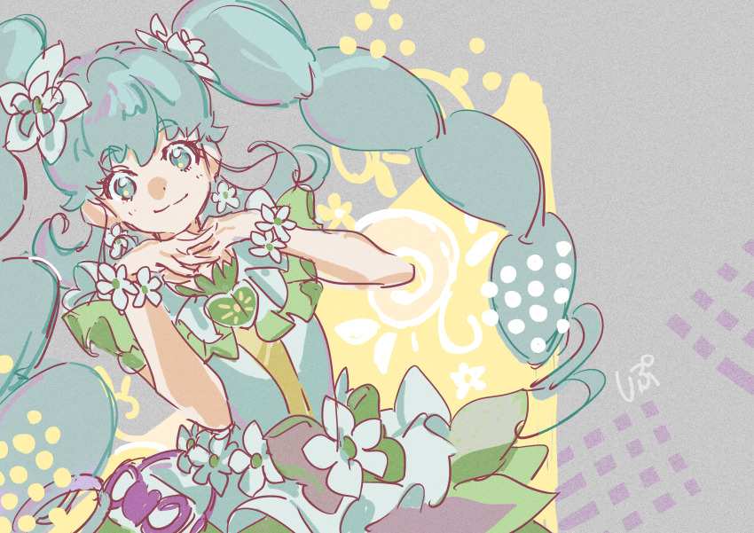 1girl absurdres aqua_eyes aqua_hair bare_arms bracelet closed_mouth cowboy_shot cure_princess cure_princess_(macadamia_hula_dance) dot_nose dress earrings eyelashes flower flower_bracelet flower_earrings flower_skirt green_skirt green_sleeves grey_background hair_flower hair_ornament happinesscharge_precure! happy heart heart_print highres interlocked_fingers jewelry long_hair magical_girl miniskirt multi-tied_hair official_alternate_costume own_hands_together precure shipu_(gassyumaron) shirayuki_hime short_dress short_sleeves signature skirt skirt_under_dress smile solo sun_symbol tareme twintails very_long_hair waist_bag white_bag white_dress white_flower