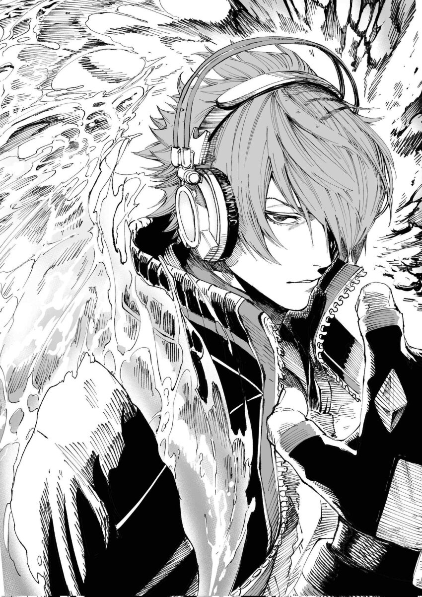 1boy azuma_kyoutarou_(artist) fingerless_gloves fire gloves greyscale hair_over_one_eye headphones highres jacket looking_at_viewer monochrome necktie portrait short_hair shun&#039;ei snk solo the_king_of_fighters the_king_of_fighters_xiv the_king_of_fighters_xv