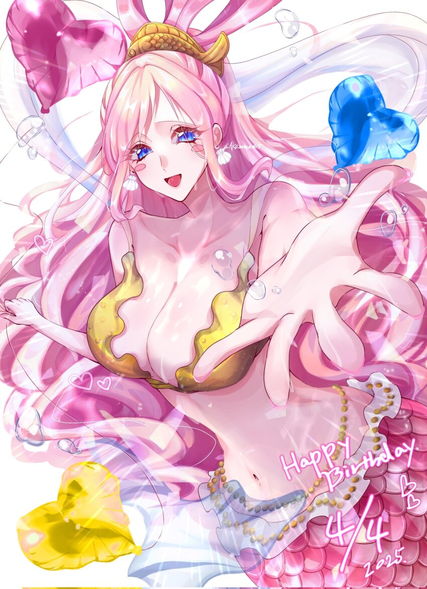 1girl akasama0215 balloon bikini blue_eyes blush_stickers breasts bubble cleavage commentary_request dated earrings fish_hair_ornament hagoromo hair_ornament happy_birthday heart heart_balloon highres jewelry mermaid monster_girl one_piece open_mouth pink_hair reaching reaching_towards_viewer shawl shell shell_earrings shirahoshi smile solo swimsuit yellow_bikini