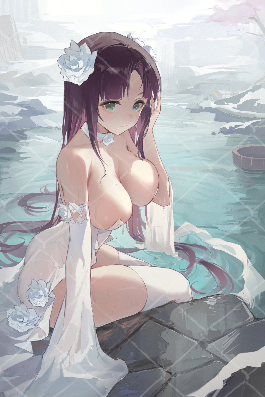 1girl absurdres bare_shoulders blush breasts cleavage dress fence flower green_eyes hair_flower hair_ornament highres large_breasts long_hair looking_at_viewer on_ground original outdoors partially_submerged purple_hair rose snow solo swimsuit thighhighs tree wedding_dress wet white_flower white_rose white_thighhighs zombie_ke