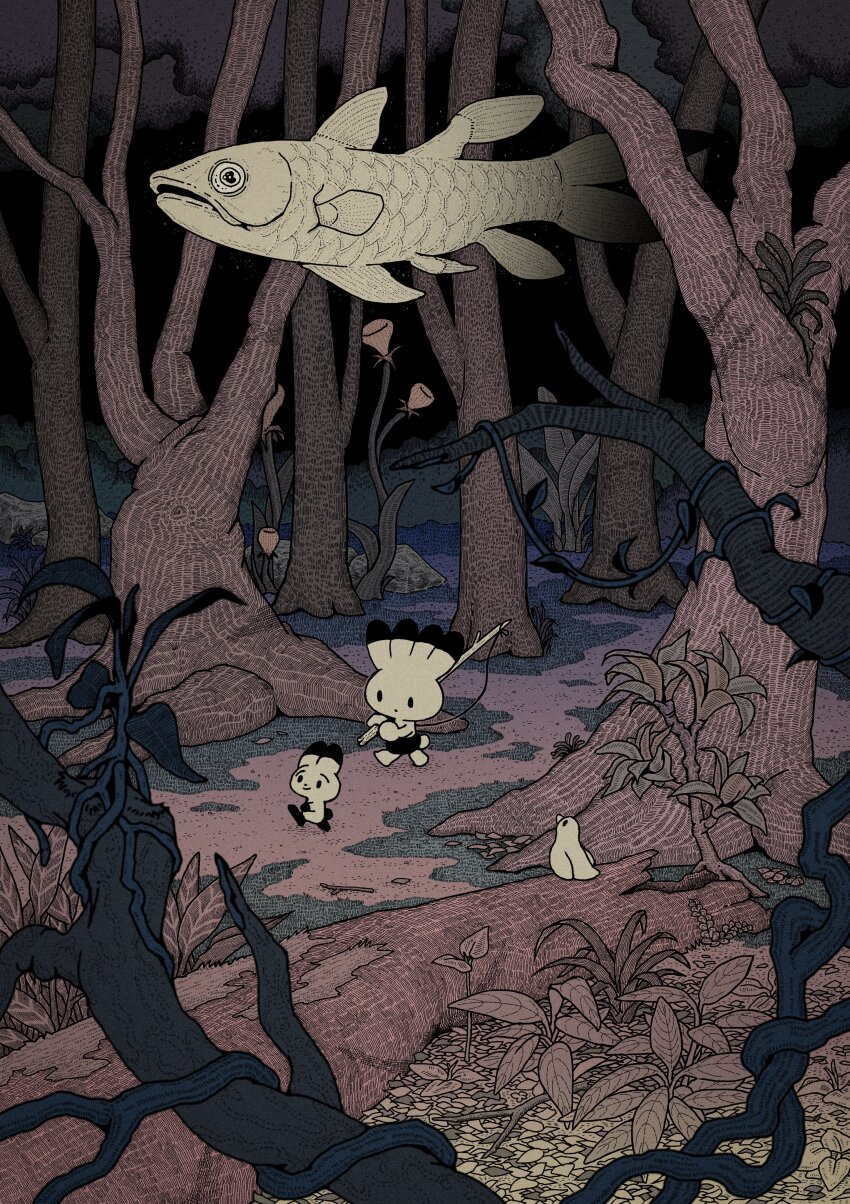 absurdres animal bird branch fish fishing_rod flower flying_fish forest grass highres holding holding_fishing_rod log nature original oversized_animal plant scenery takitasaki tree vines walking