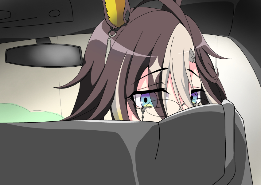 1girl 510n absurdres ahoge animal_ears blue_eyes brown_hair commission derivative_work dream_journey_(umamusume) eyewear_strap from_behind glasses highres horse_ears horse_girl long_hair looking_back manatsu_no_yo_no_inmu parody screenshot_redraw solo tanioka_(inmu) umamusume vehicle_interior white_hair