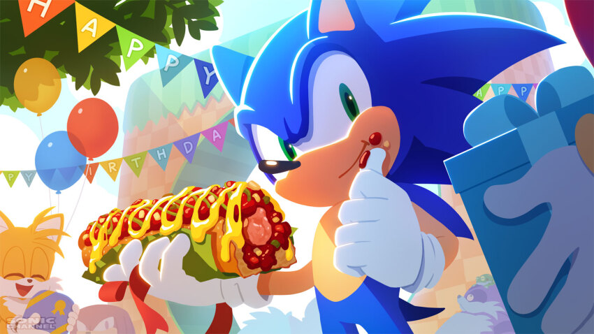^_^ amphibian amy_rose androgynous animal_nose balloon banner big_the_cat birthday blue_fur blue_sky bow bow_(feature) box bunting_(banner) chili_dog closed_eyes day decoration eating english_text floral_bow food food_on_face fox frog froggy_(sonic) furry furry_male gift gift_box gloves grass green_eyes green_hill_zone happy happy_birthday hedgehog holding holding_food holding_gift hot_dog inflatable knuckles_the_echidna letter_bunting male_focus multiple_boys open_mouth outdoors pennant_banner pink_fur plant purple_fur red_fur ribbon ribbon_bow sega sky smile solo_focus sonic_(series) sonic_channel sonic_generations sonic_the_hedgehog sonic_x_shadow_generations standing tails_(sonic) tongue tongue_out tree uno_yuuji white_fur white_gloves yellow_eyes yellow_fur