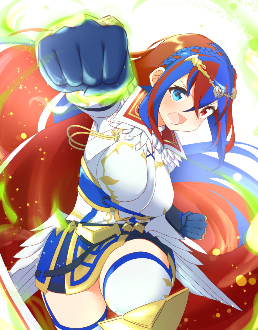 1girl absurdres black_gloves blue_eyes blue_hair braid breasts commentary_request crown_braid female_alear_(awoken_divinity)_(fire_emblem) female_alear_(divine_attire)_(fire_emblem) female_alear_(fire_emblem) fire_emblem fire_emblem_engage fire_emblem_heroes gloves gold_trim highres ikonaska incoming_attack incoming_punch long_hair medium_breasts multicolored_hair nintendo official_alternate_costume open_mouth punching red_eyes red_hair solo split-color_hair thighs tiara very_long_hair