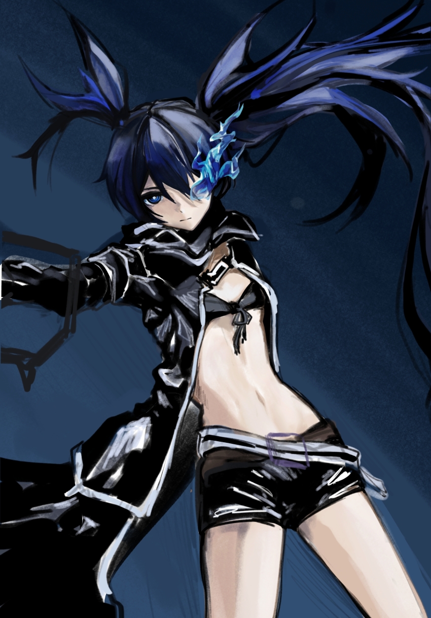 1girl belt bikini black_coat black_rock_shooter black_rock_shooter_(character) black_shorts blue_eyes blue_hair coat flaming_eye front-tie_bikini_top front-tie_top highres long_hair multiple_belts no_shirt open_clothes open_coat rock_cannon shorts solo swimsuit twintails uneven_twintails yipaiyigexiaoshubing