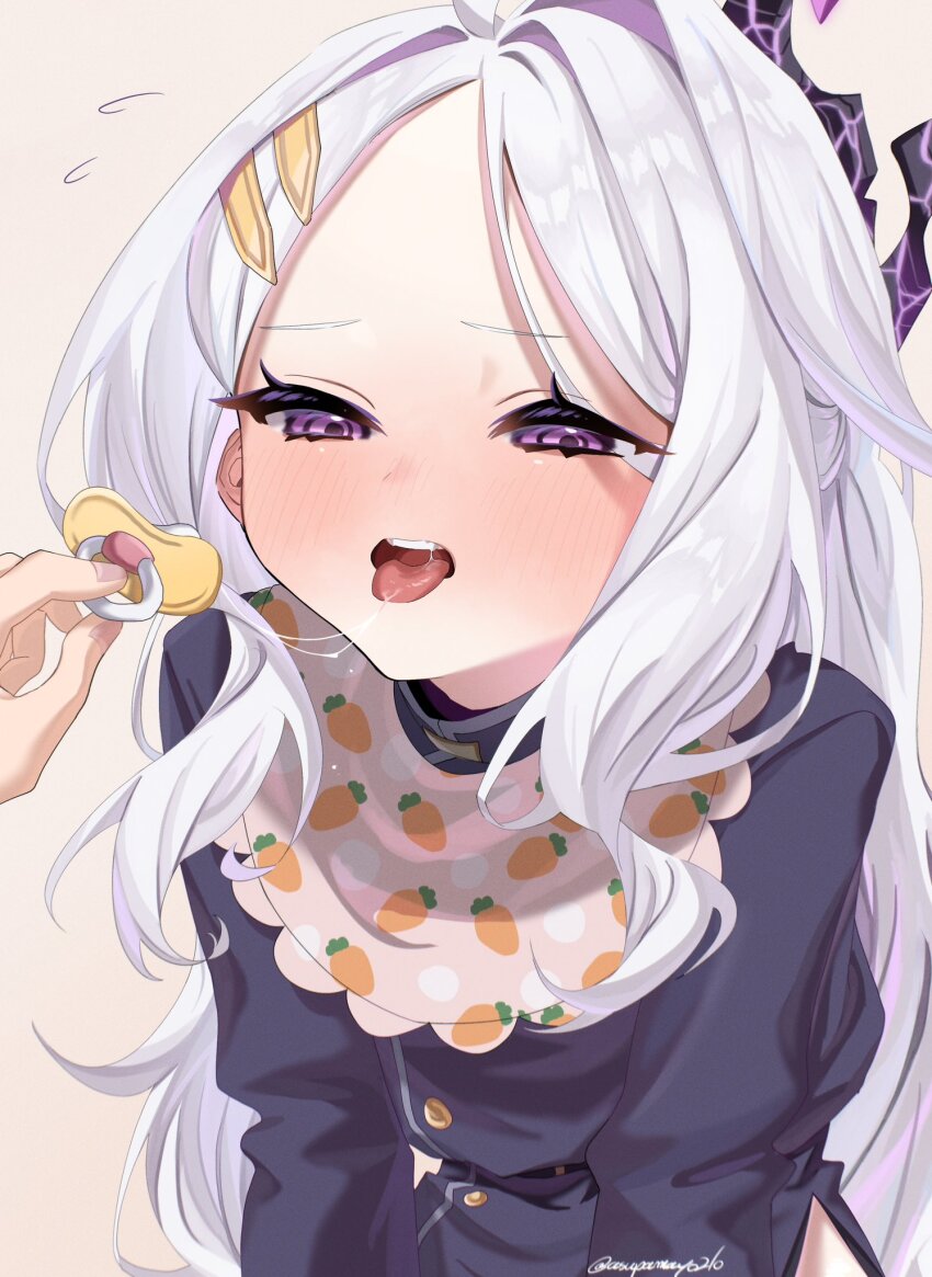 1girl 1other artist_name asupa_mayo0210 bib blue_archive drooling forehead halo highres hina_(blue_archive) horns mouth_drool pacifier parted_bangs purple_eyes saliva saliva_trail signature simple_background tongue tongue_out white_background white_hair
