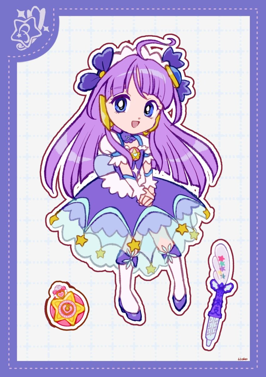 1girl ahoge back_bow blue_bow blue_eyes blunt_ends boots border bow brooch collar cure_selene deformed detached_collar dot_nose dotted_line dress eyelashes frilled_arm_warmers frilled_collar frilled_sleeves frills full_body glowstick grey_background grid_background hair_bow hair_tubes hairband hands_on_lap happy high_collar high_heel_boots high_heels highres jewelry kaguya_madoka knee_boots locked_arms long_hair long_sidelocks looking_at_viewer magical_girl medium_dress open_mouth outline own_hands_clasped own_hands_together penlight_(glowstick) precure puffy_short_sleeves puffy_sleeves purple_border purple_bow purple_collar purple_dress purple_hair see-through_clothes see-through_dress short_sleeves sidelocks signature smile solo standing star_(symbol) star_print star_twinkle_precure stiletto_heels straight_hair tareme uwded_207 very_long_hair white_arm_warmers white_boots white_hairband white_outline white_sleeves