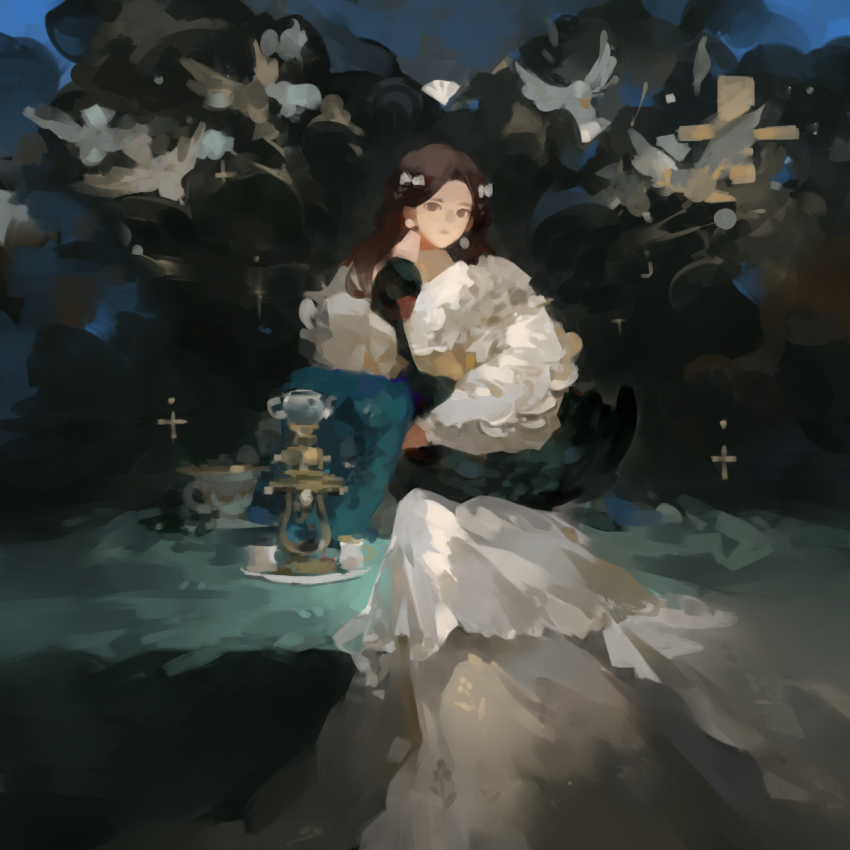 1girl aristocratic_clothes bird black_swan_(bird) brown_hair dress gown highres long_hair long_sleeves original painterly puffy_sleeves shachang solo swan teapot white_dress