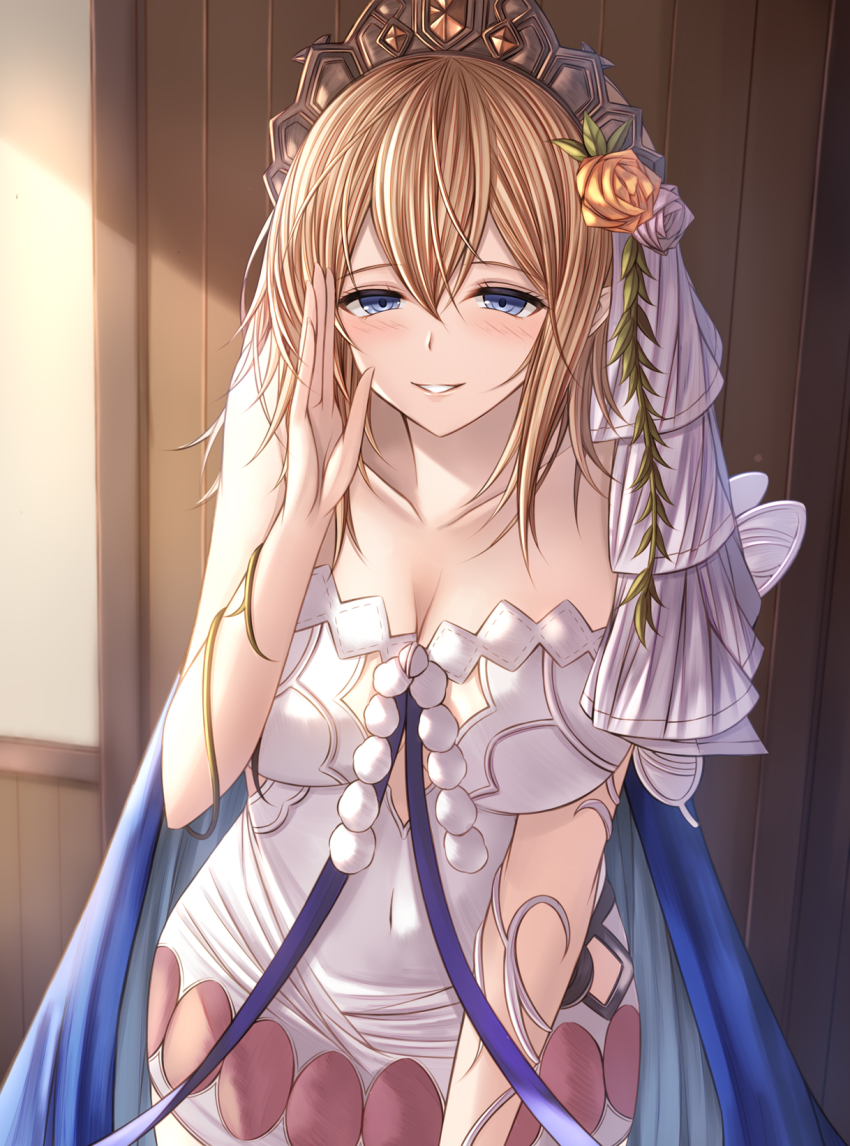 1girl bare_shoulders blonde_hair blue_eyes breasts collarbone cowboy_shot dress europa_(granblue_fantasy) flower granblue_fantasy hair_flower hair_ornament hand_up highres kanpyou_(hghgkenfany) looking_at_viewer medium_hair parted_lips solo tiara white_dress yellow_flower