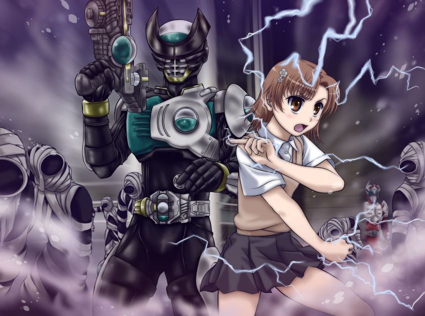 1girl 2boys absurdres belt crossover electricity electrokinesis gun highres kamen_rider kamen_rider_birth kamen_rider_blade_(series) kamen_rider_garren kamen_rider_ooo_(series) misaka_mikoto multiple_boys o_medal tarisa toaru_majutsu_no_index weapon