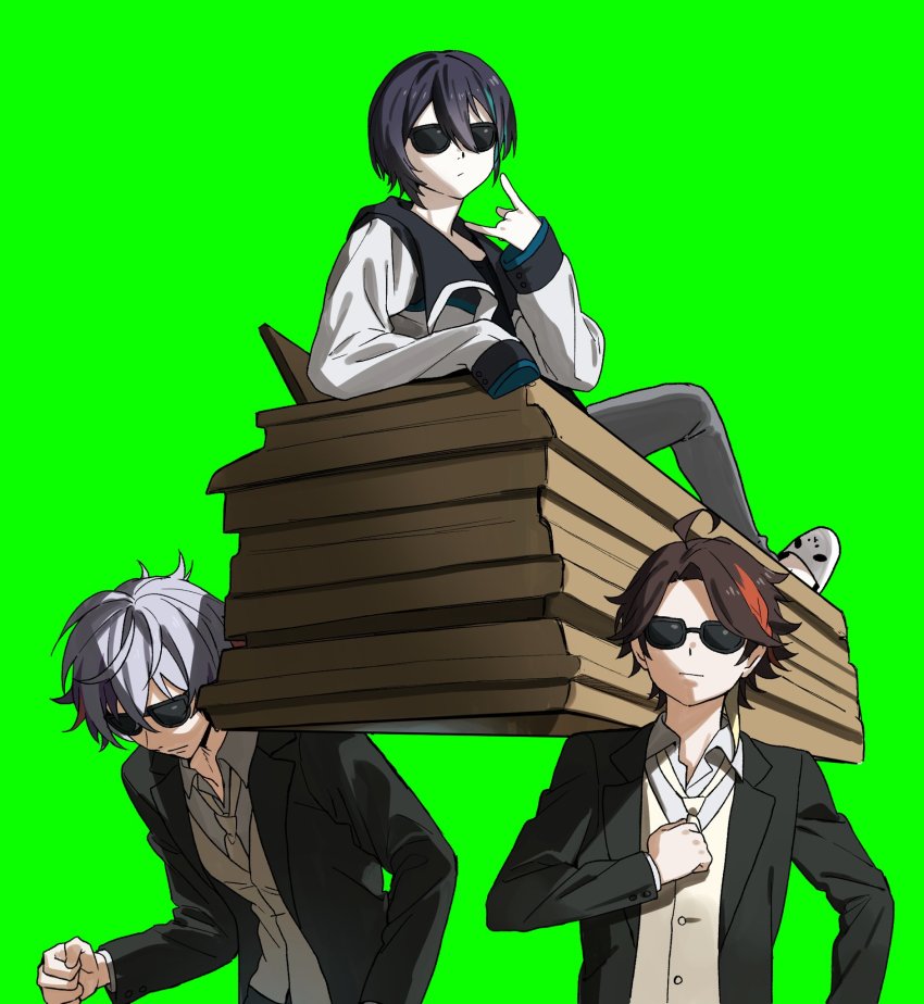 3boys ahoge assisted_carrying black_hair black_jacket brown_hair carrying closed_mouth coffin collared_shirt dancing_pallbearers_(meme) formal_clothes fuwa_minato green_background grey_hair highres jacket long_sleeves looking_at_viewer m/ male_focus mayuzumi_kai mayuzumi_kai_(1st_costume) meme morimori_chikka multicolored_hair multiple_boys necktie nijisanji open_clothes open_jacket pants saegusa_akina shirt short_hair simple_background sleeves_past_fingers sleeves_past_wrists slippers streaked_hair suit sunglasses vest virtual_youtuber white_jacket white_shirt